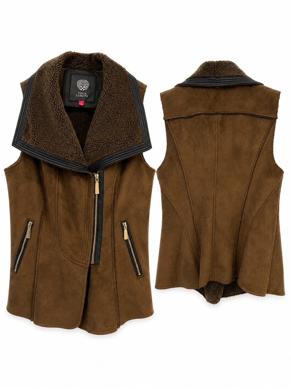 Vince Camuto Dark Brown Faux Suede Shearling-Trim Zip Vest